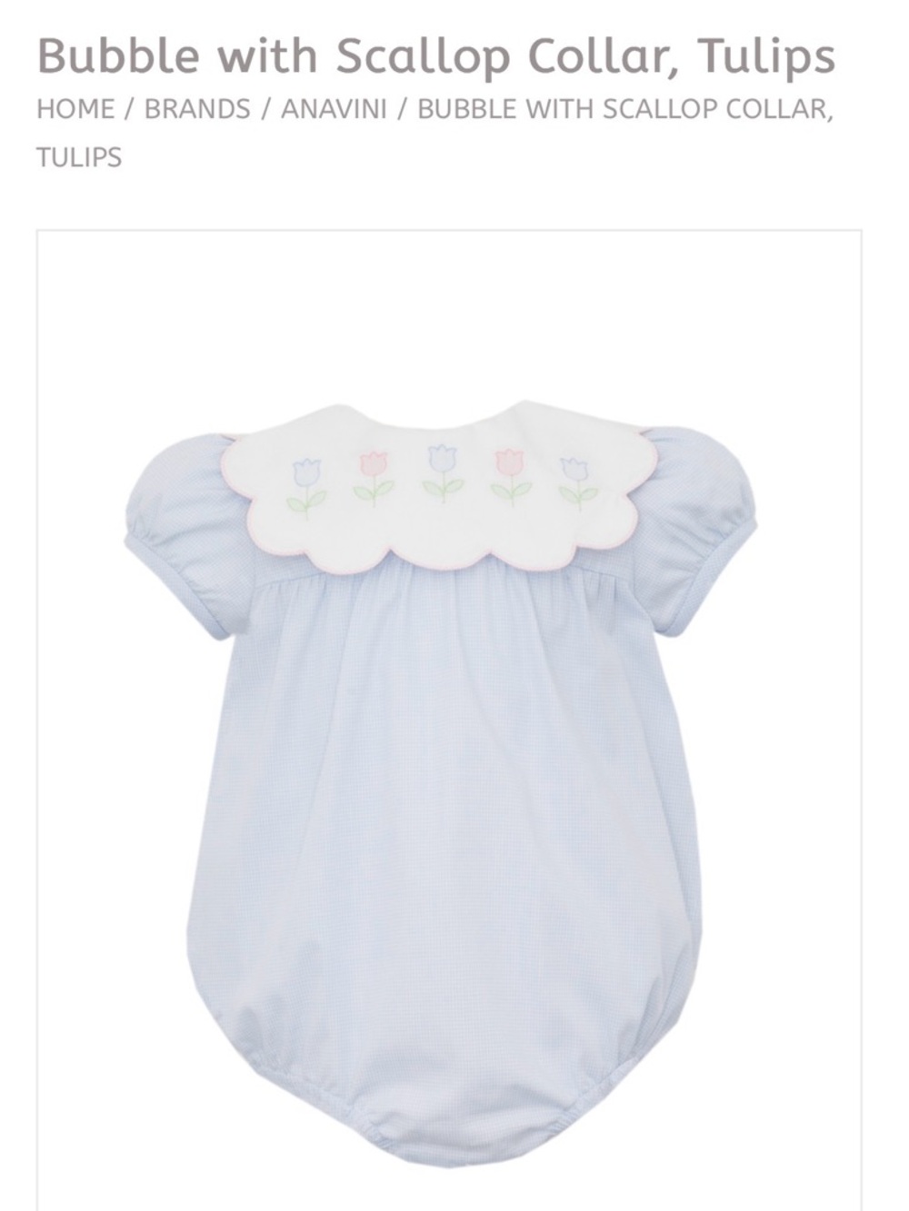 Anavini Blue Gingham bubble - Embroidery Tulips on Scallop Collar